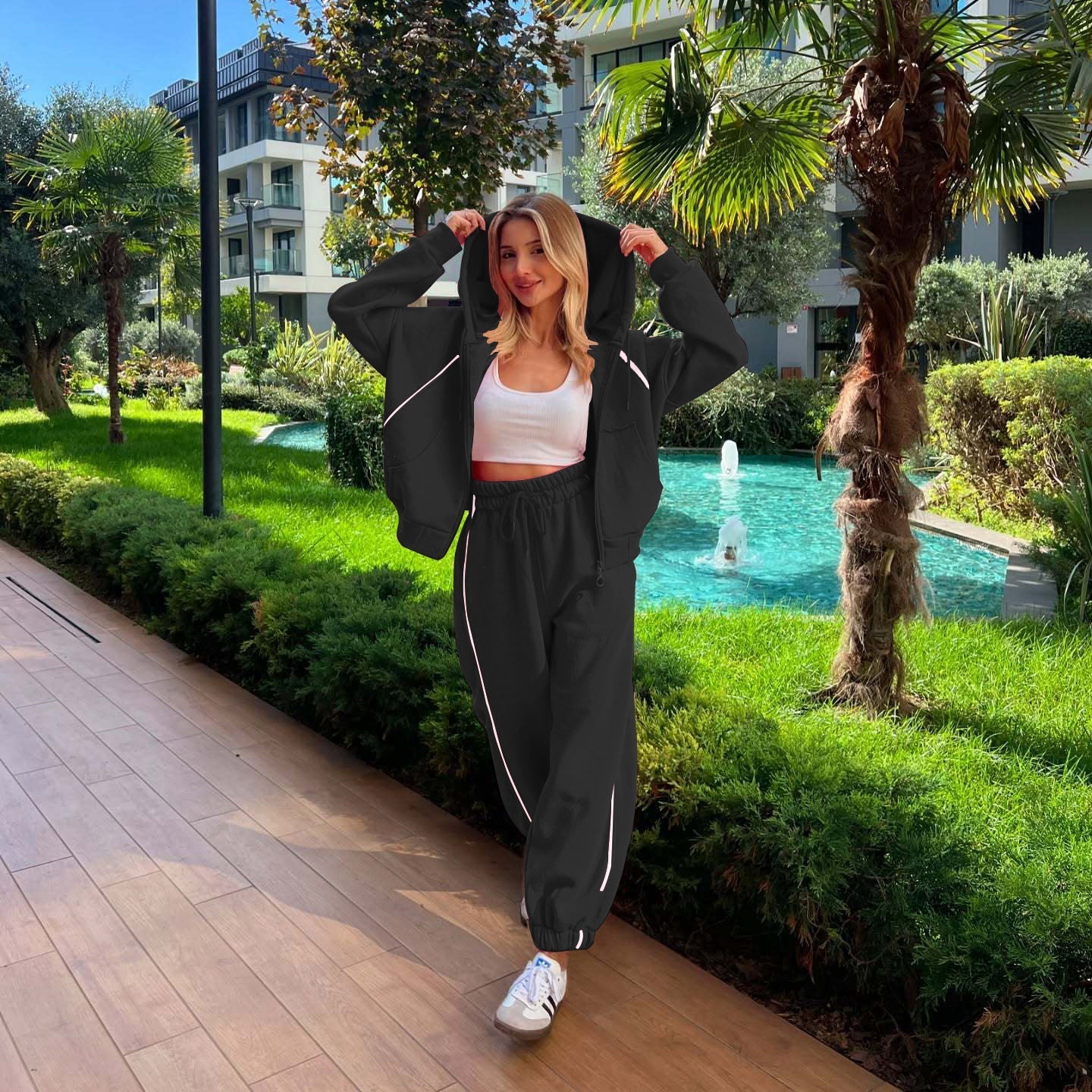 Dames Joggingset Sportief met Capuchon Vest en Joggerbroek