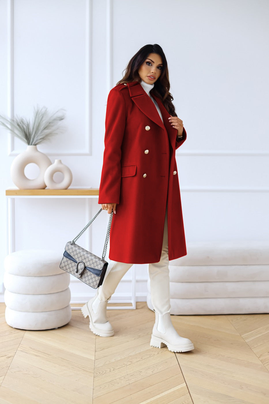 Damesmantel Met Dubbele Knopen Zachte Stof Elegante Look