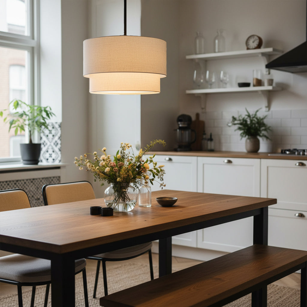 Ronde Dubbele Linnen Hanglamp met Natuurlijke Stoffen Kap Dimbaar