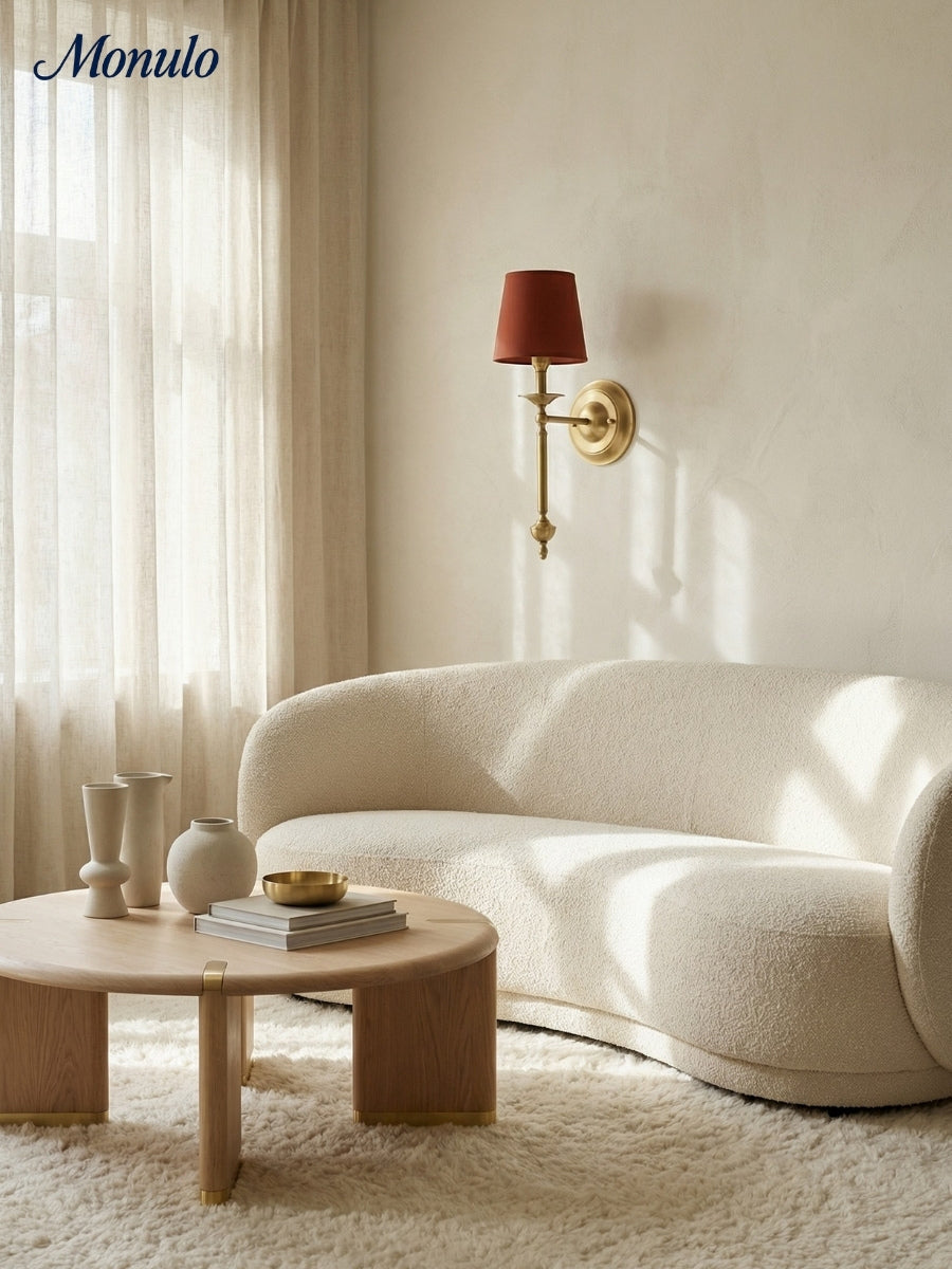 Stoffen Wandlamp met Vintage Koperen Afwerking – Sfeervolle Verlichting voor Hal, Slaapkamer en Woonkamer