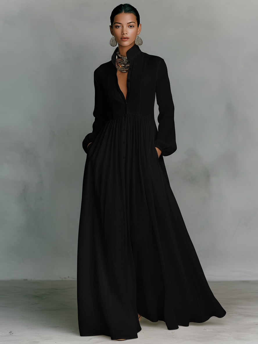 Dames maxi-jurk linnen patchwork staande kraag