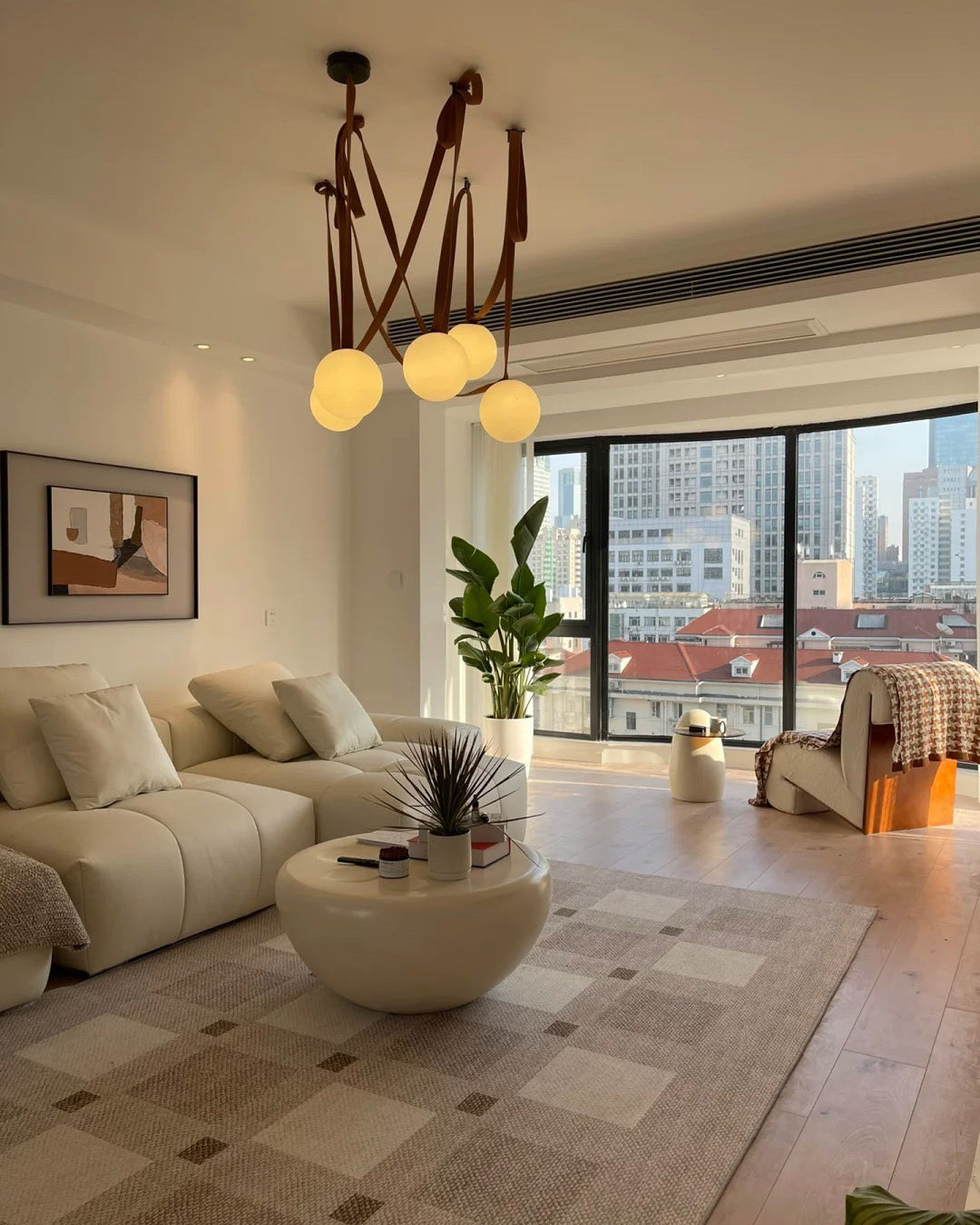 Hanglamp Leer Glas Bollen Luxe Verstelbaar Warm Wit Woonkamer Eetkamer