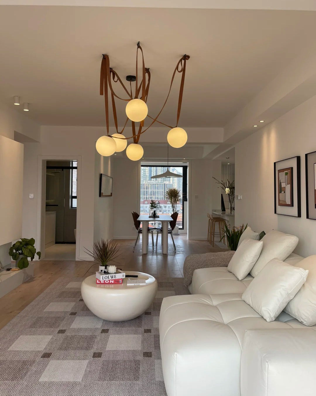Hanglamp Leer Glas Bollen Luxe Verstelbaar Warm Wit Woonkamer Eetkamer