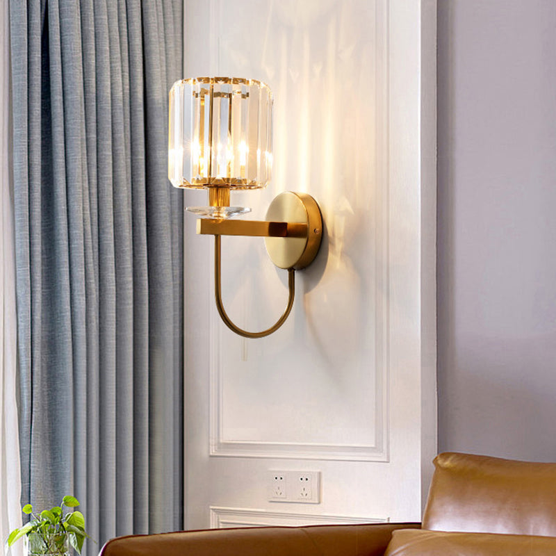 Kristallen Wandlamp Postmodern Gebogen Arm Goudkleurige Afwerking Cilindervormige Kap Decoratieve Verlichting