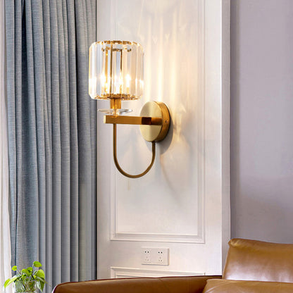 Kristallen Wandlamp Postmodern Gebogen Arm Goudkleurige Afwerking Cilindervormige Kap Decoratieve Verlichting