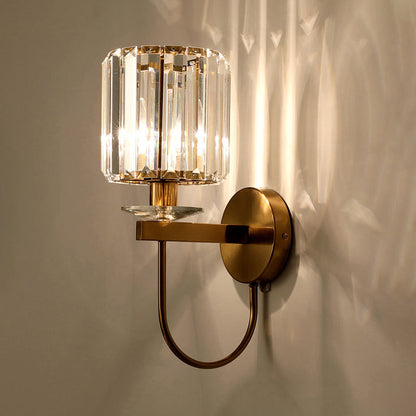 Kristallen Wandlamp Postmodern Gebogen Arm Goudkleurige Afwerking Cilindervormige Kap Decoratieve Verlichting