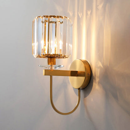 Kristallen Wandlamp Postmodern Gebogen Arm Goudkleurige Afwerking Cilindervormige Kap Decoratieve Verlichting