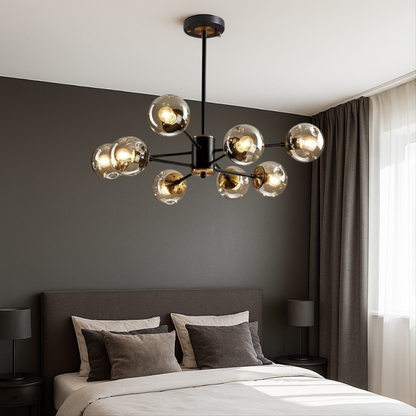 Scandinavische kroonluchter Ida glas ijzer zwart woonkamer eetkamer moderne hanglamp design verlichting bolvormig