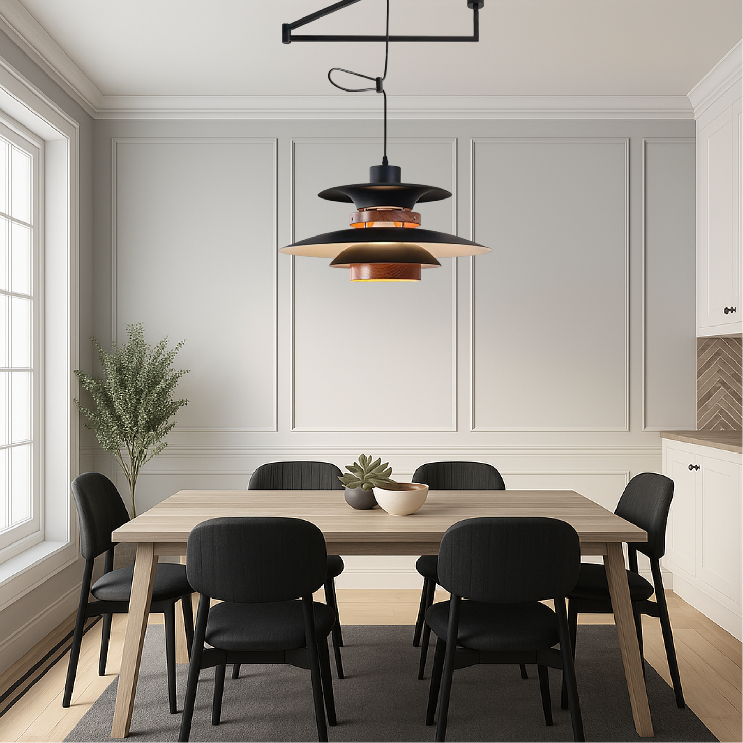 Merado zwenkarm hanglamp metaal hout zwart eetkamer verlichting verstelbaar Scandinavisch design hanglamp moderne pendant lamp