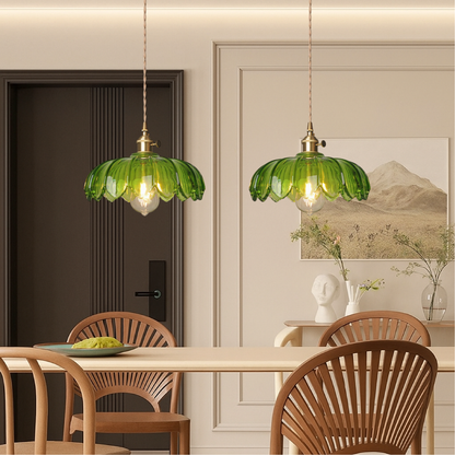 Glazen bloem hanglamp glas messing groen eetkamer vintage design keuken verlichting E27 verstelbaar modern klassiek