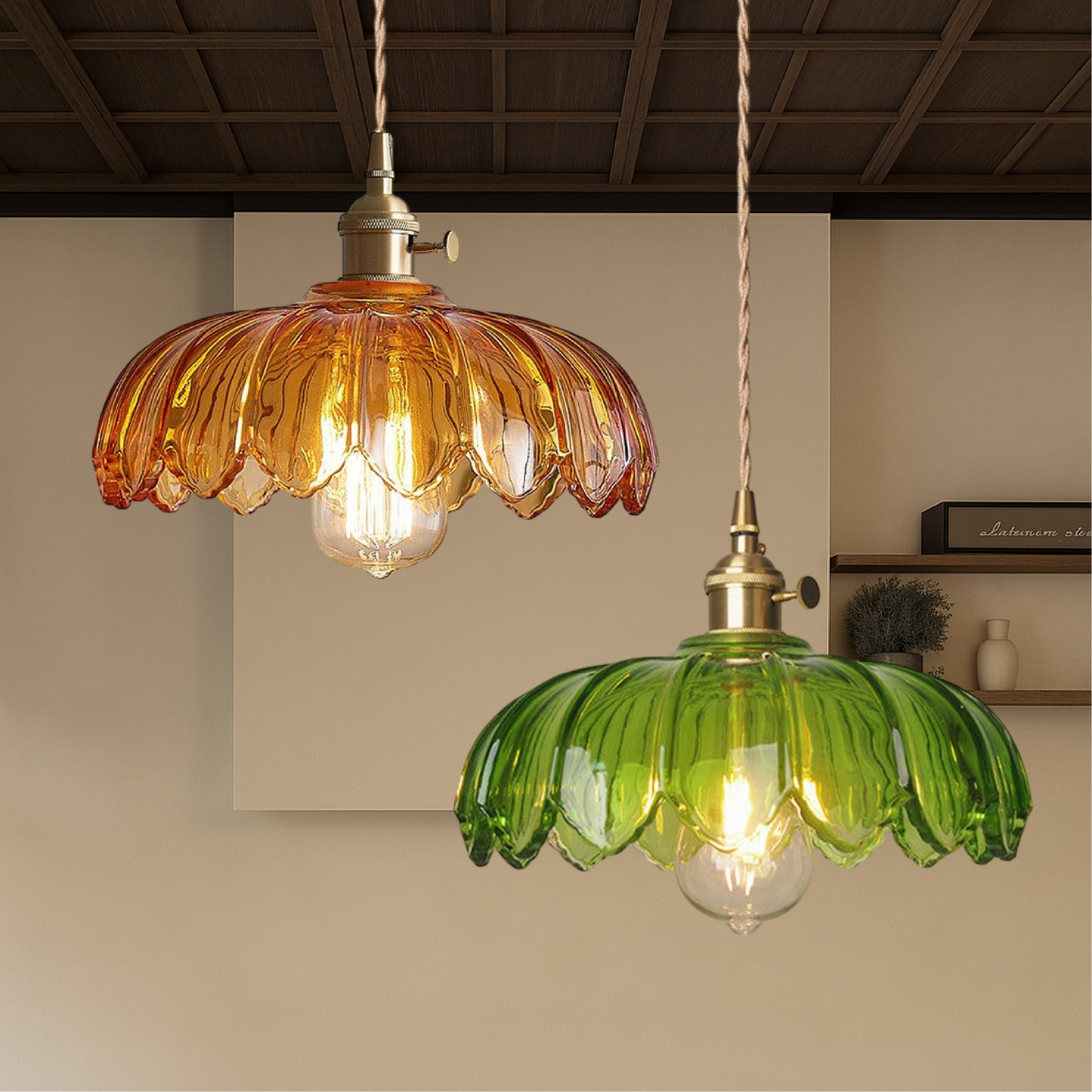 Glazen bloem hanglamp glas messing groen eetkamer vintage design keuken verlichting E27 verstelbaar modern klassiek