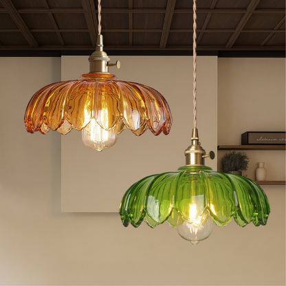 Glazen bloem hanglamp glas messing groen eetkamer vintage design keuken verlichting E27 verstelbaar modern klassiek