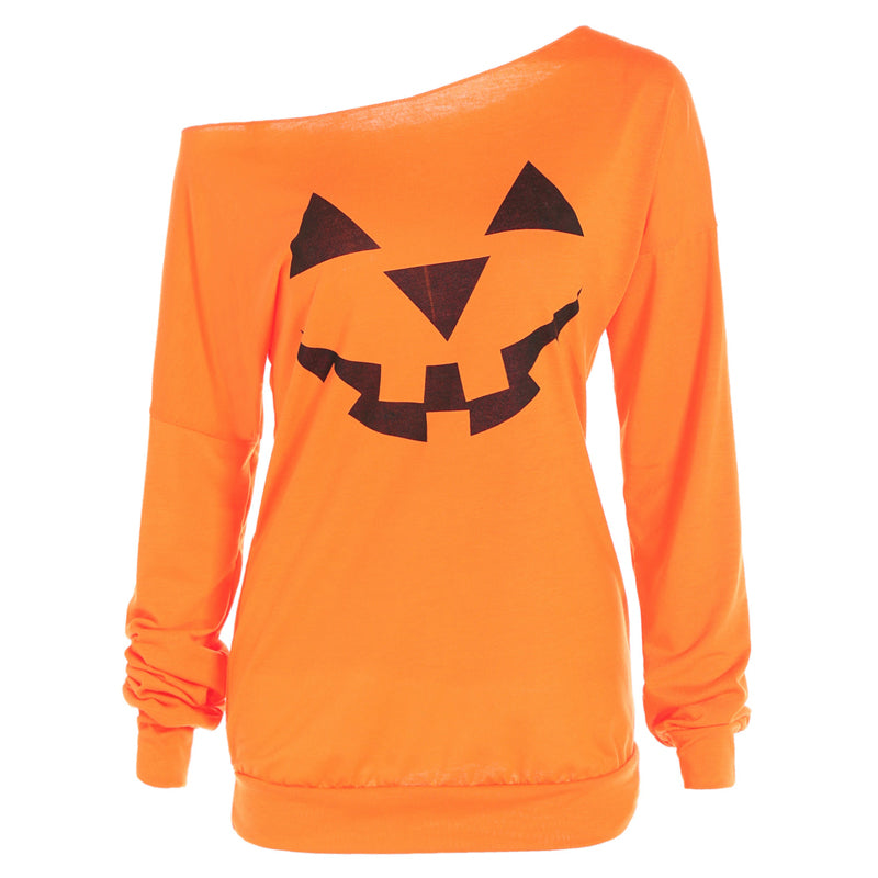 Dames Trui Off-Shoulder Halloween Pompoen Print