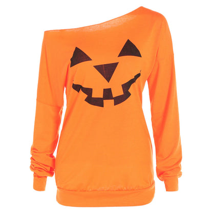 Dames Trui Off-Shoulder Halloween Pompoen Print