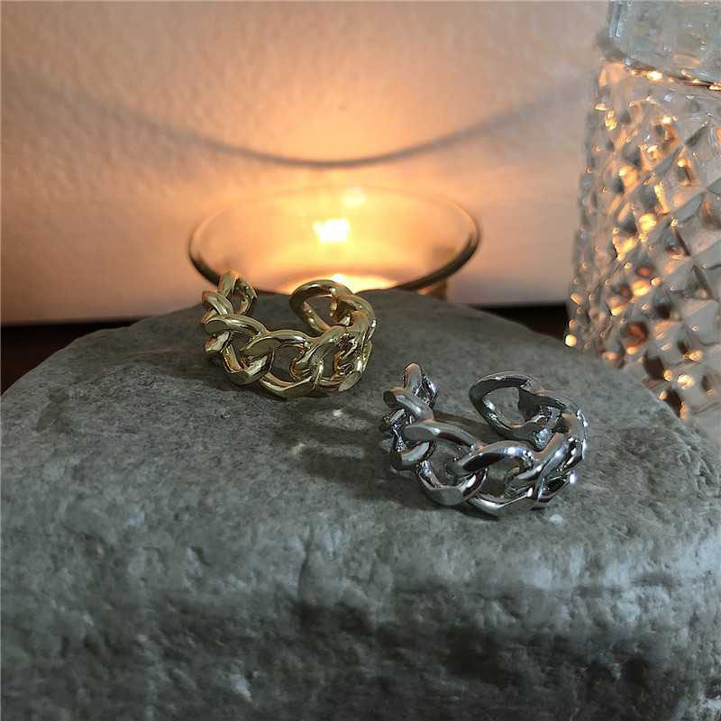Dames Zilveren Ring met Open Schakel en Gedraaide Ketting
