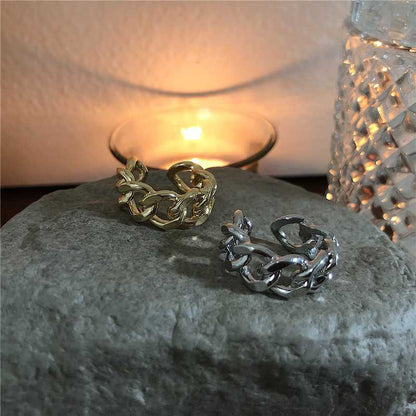 Dames Zilveren Ring met Open Schakel en Gedraaide Ketting