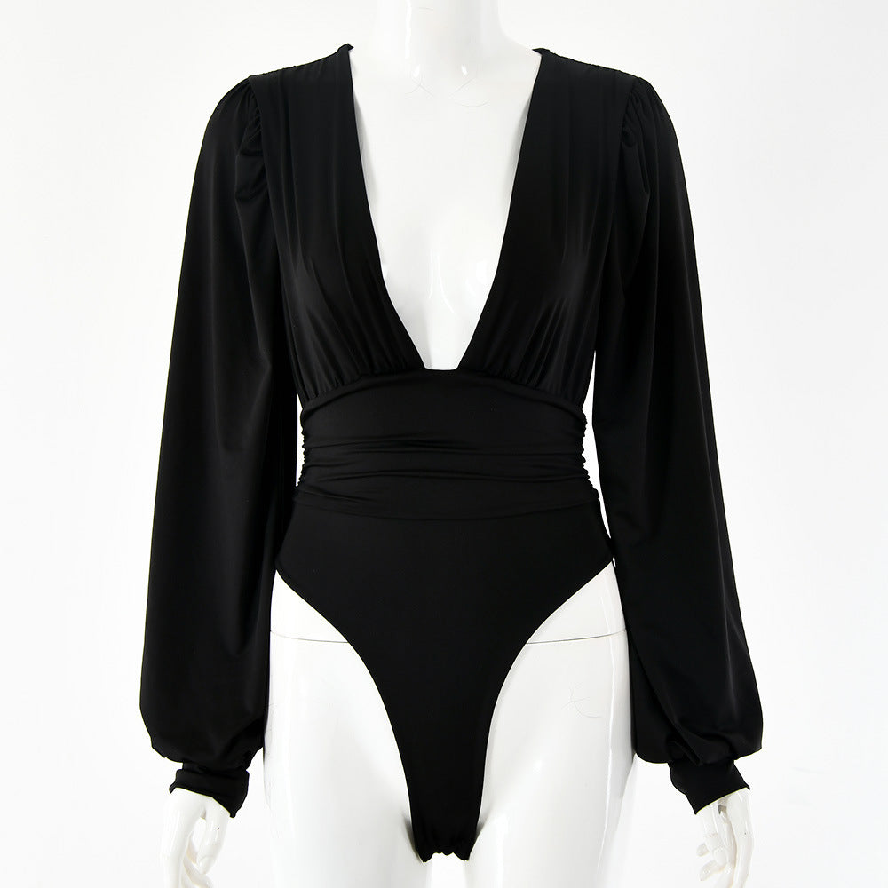 Dames Bodysuit Zwart Lange Mouwen Diepe Hals Elegant