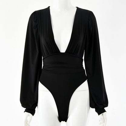 Dames Bodysuit Zwart Lange Mouwen Diepe Hals Elegant