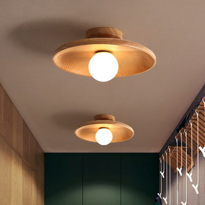 Houten Plafondlamp Minimalistisch Komvormig 28cm Bruin 1 Lichtpunt Semi-Flush Scandinavische Verlichting Hal Gang Keuken