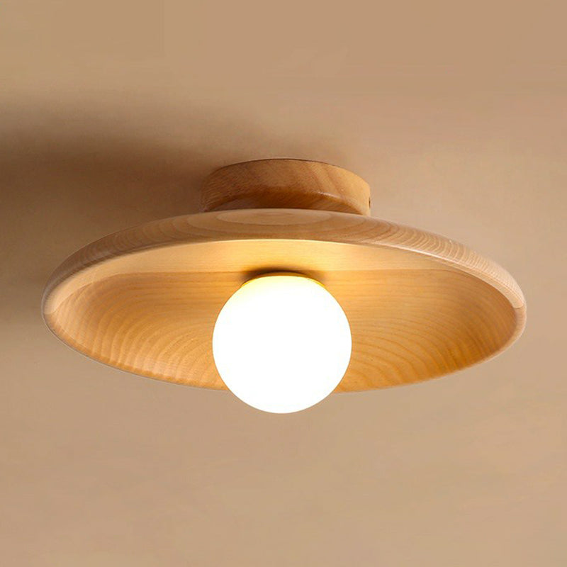 Houten Plafondlamp Minimalistisch Komvormig 28cm Bruin 1 Lichtpunt Semi-Flush Scandinavische Verlichting Hal Gang Keuken