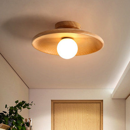 Houten Plafondlamp Minimalistisch Komvormig 28cm Bruin 1 Lichtpunt Semi-Flush Scandinavische Verlichting Hal Gang Keuken