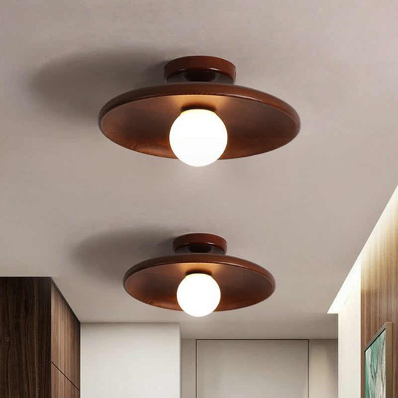 Houten Plafondlamp Minimalistisch Komvormig 28cm Bruin 1 Lichtpunt Semi-Flush Scandinavische Verlichting Hal Gang Keuken