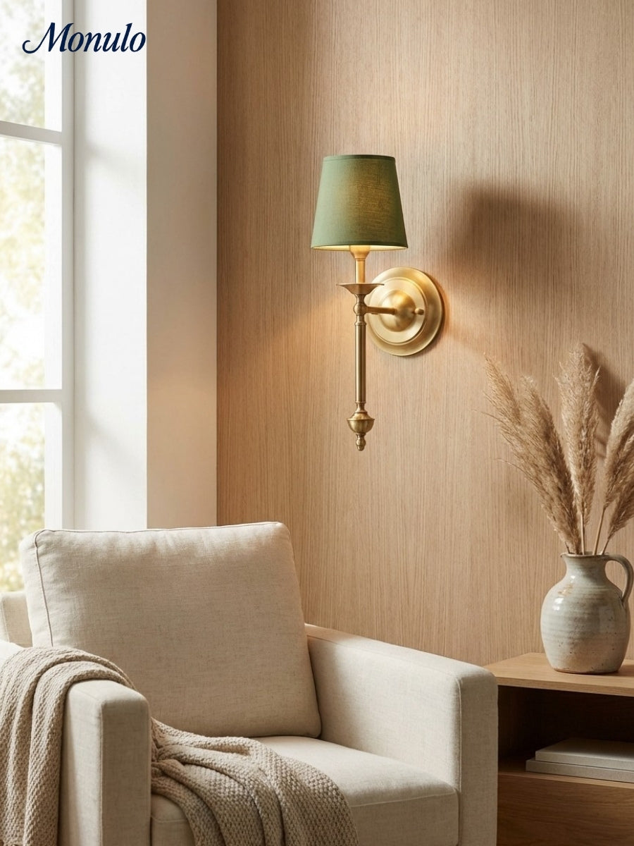 Stoffen Wandlamp met Vintage Koperen Afwerking – Sfeervolle Verlichting voor Hal, Slaapkamer en Woonkamer