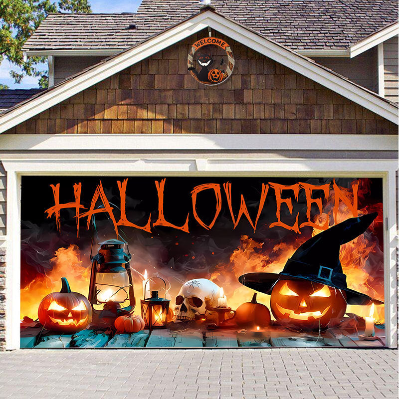 Halloween Garagedeur Decoratie Spookachtige Bedrukking Schaduwdoek Herbruikbaar Horror Sfeer Doek Waterdicht Buiten Feestversiering