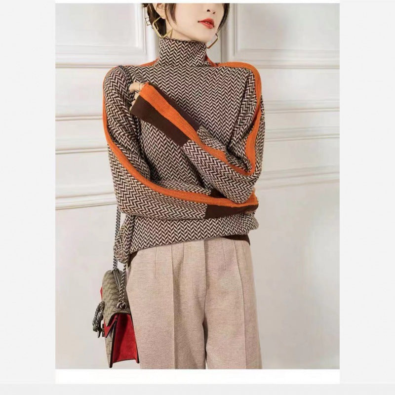 Dames Trui Gebreid met Contrasterende Strepen Stijlvol Design
