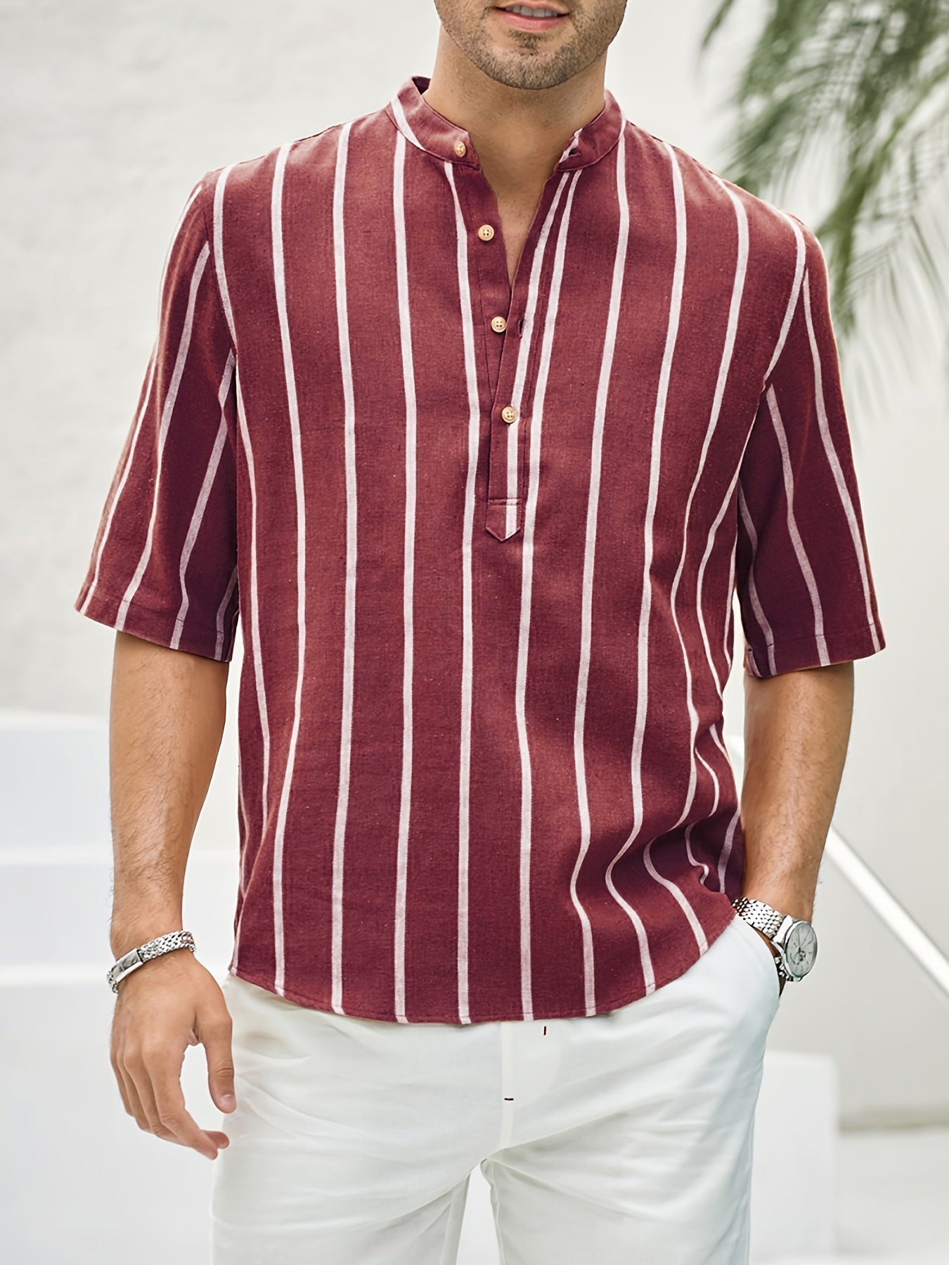 Mannen Zomerhemd Korte Mouwen Strepen Henley Stijl