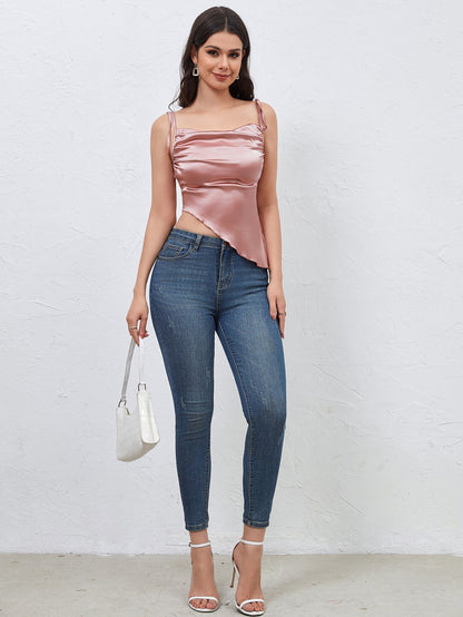 Roze Satijnen Top met Vetersluiting Asymmetrisch Kort