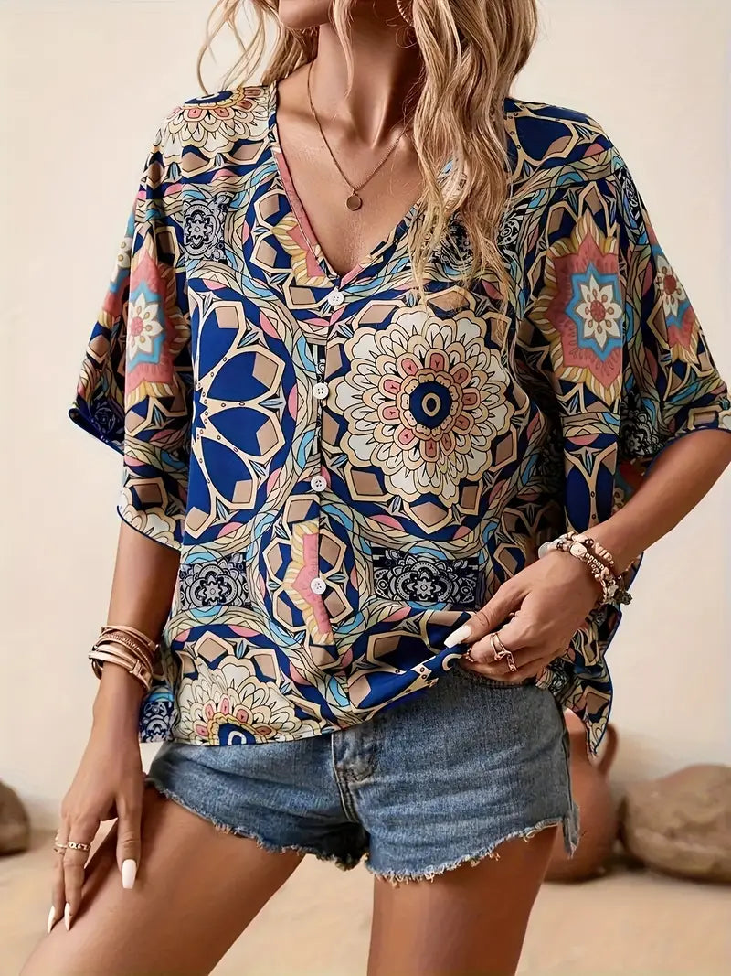 Bloes met Bloemen V-hals voor Vrouw Zomerse Stijl