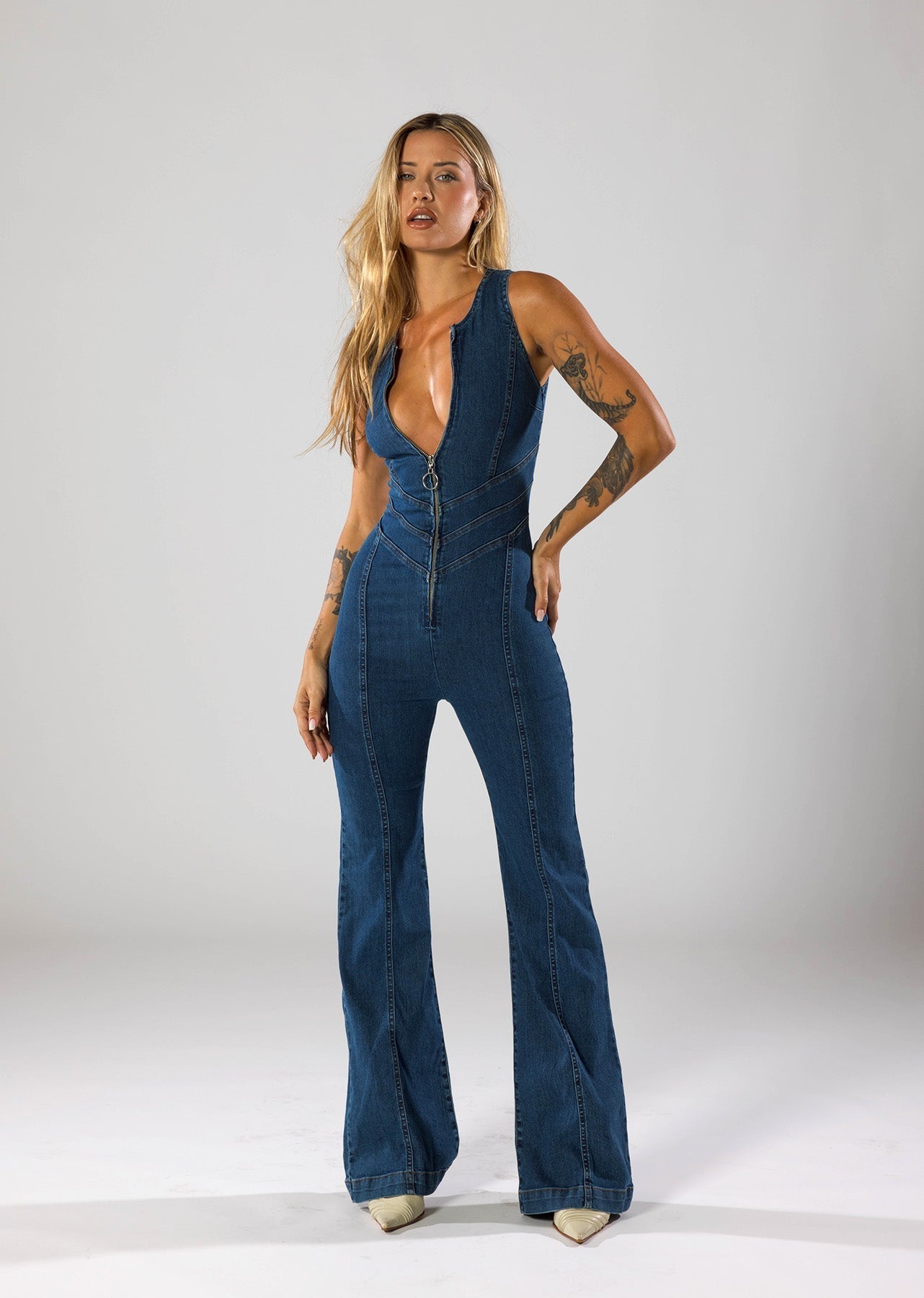 Jumpsuit Denim Met Hartvormige Halslijn