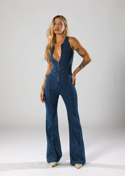 Jumpsuit Denim Met Hartvormige Halslijn