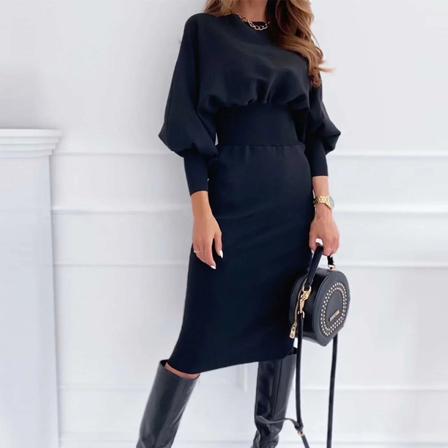 Dames Jurk Zwart Bodycon met Pofmouwen Elegante Avondjurk