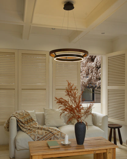 Houten Ringkroonluchter LED Ingebouwd Warm Wit Dimbaar Eetkamer Woonkamer Plafondlamp Modern Farmhouse