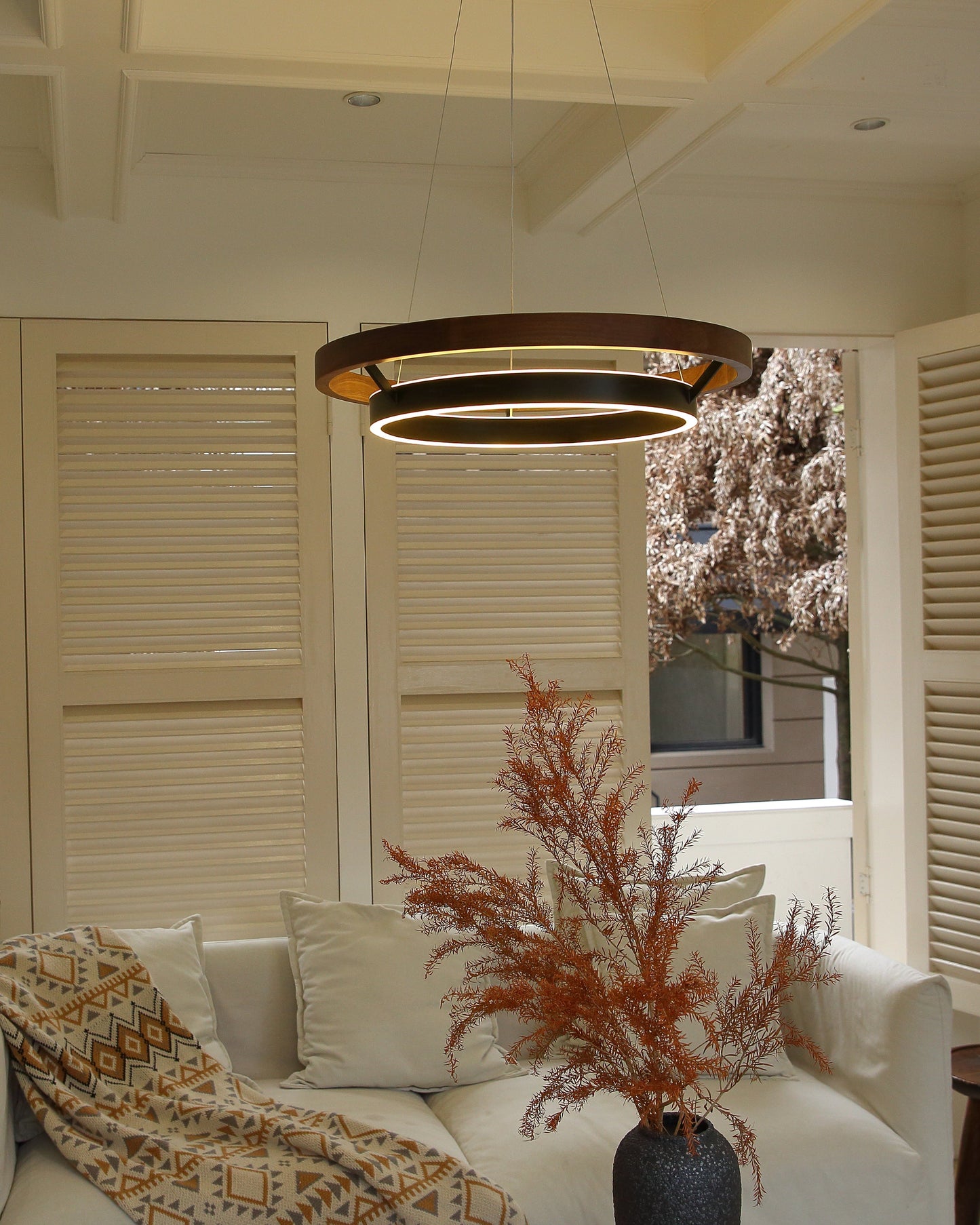 Houten Ringkroonluchter LED Ingebouwd Warm Wit Dimbaar Eetkamer Woonkamer Plafondlamp Modern Farmhouse
