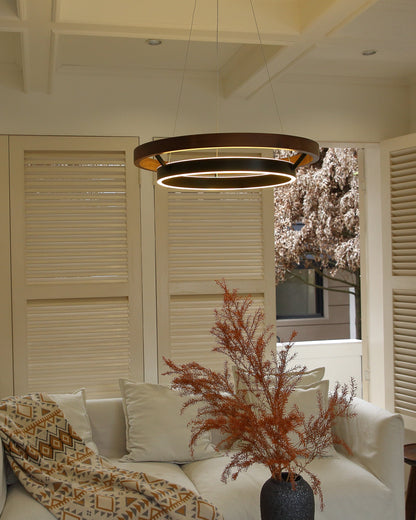 Houten Ringkroonluchter LED Ingebouwd Warm Wit Dimbaar Eetkamer Woonkamer Plafondlamp Modern Farmhouse