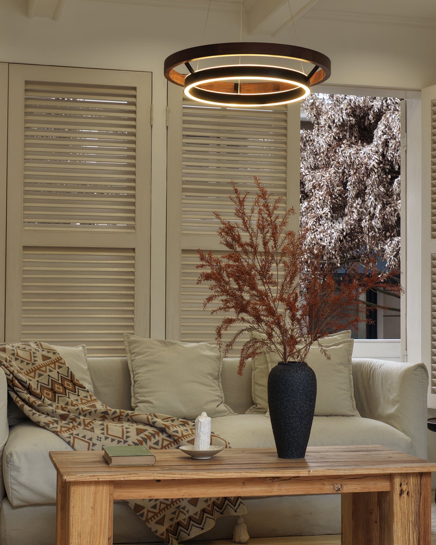 Houten Ringkroonluchter LED Ingebouwd Warm Wit Dimbaar Eetkamer Woonkamer Plafondlamp Modern Farmhouse