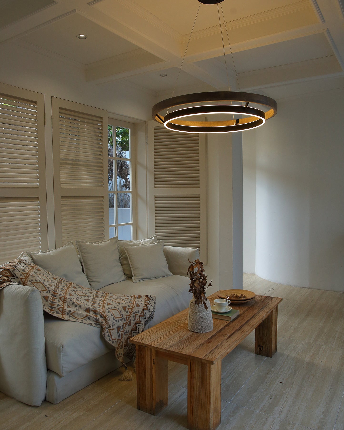 Houten Ringkroonluchter LED Ingebouwd Warm Wit Dimbaar Eetkamer Woonkamer Plafondlamp Modern Farmhouse