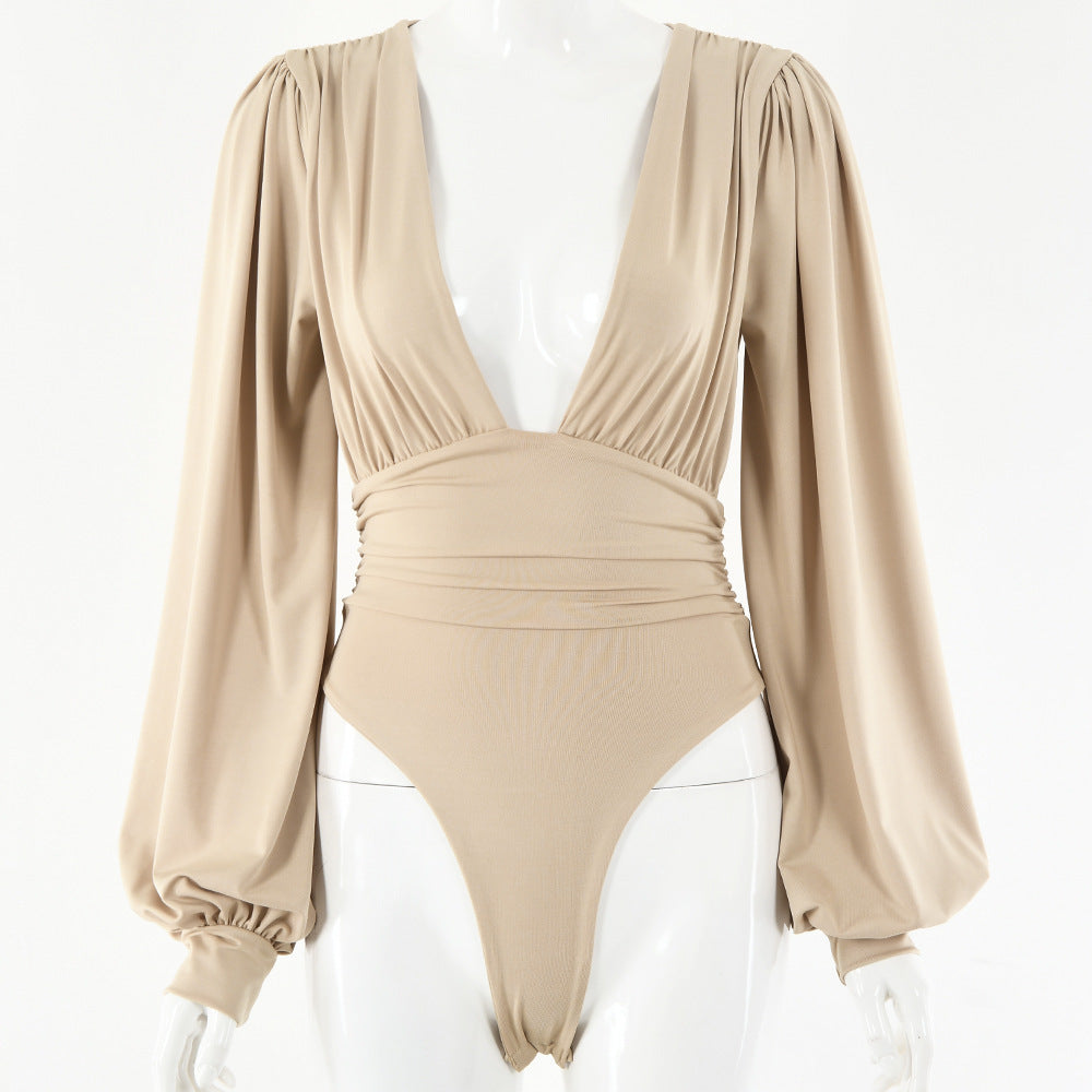 Dames Bodysuit Zwart Lange Mouwen Diepe Hals Elegant