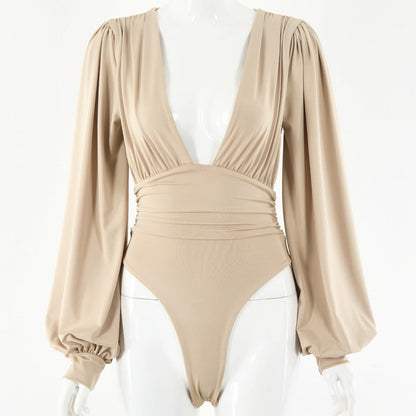 Dames Bodysuit Zwart Lange Mouwen Diepe Hals Elegant