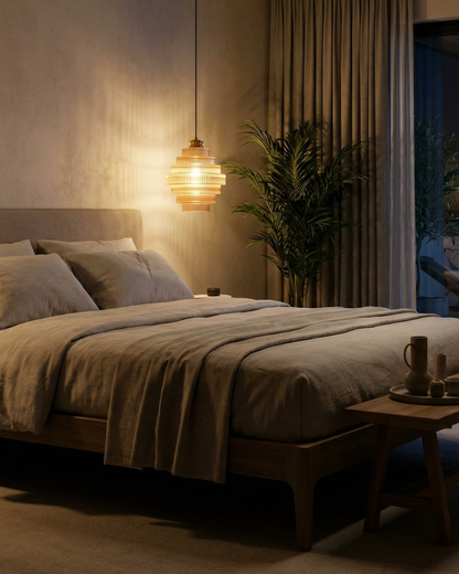 Moderne trapsgewijze glazen hanglamp met gouden detail voor eetkamer en woonkamer – luxe design verlichting