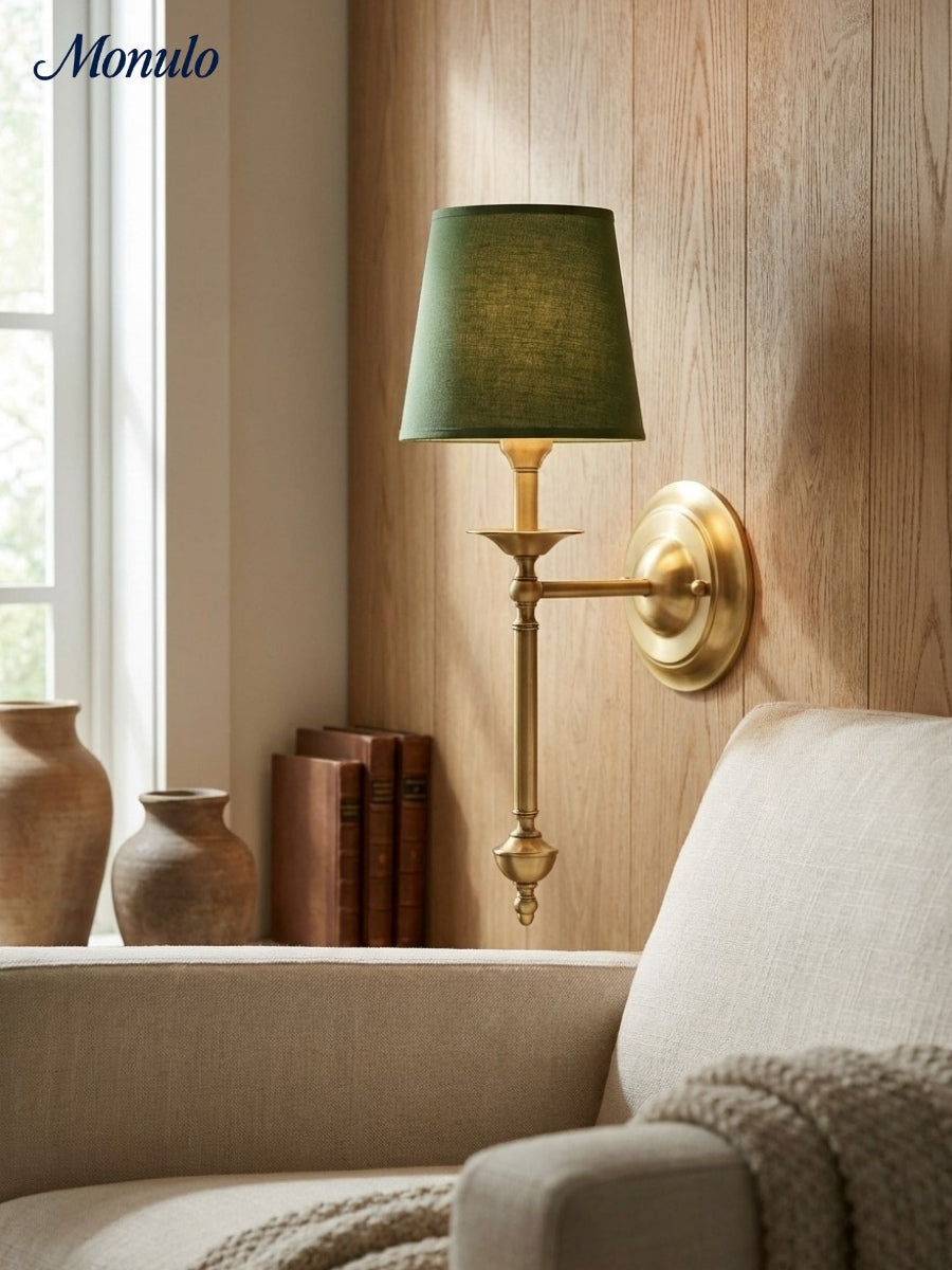 Stoffen Wandlamp met Vintage Koperen Afwerking – Sfeervolle Verlichting voor Hal, Slaapkamer en Woonkamer