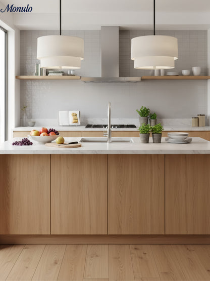 Dubbele Stoffen Drum Hanglamp – Moderne Gelaagde Kap Plafondlamp voor Eetkamer Woonkamer
