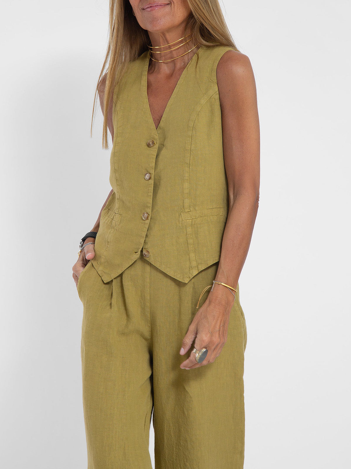 Linnen Set Dame Mouwloos V-Hals Gilet en Wijde Broek