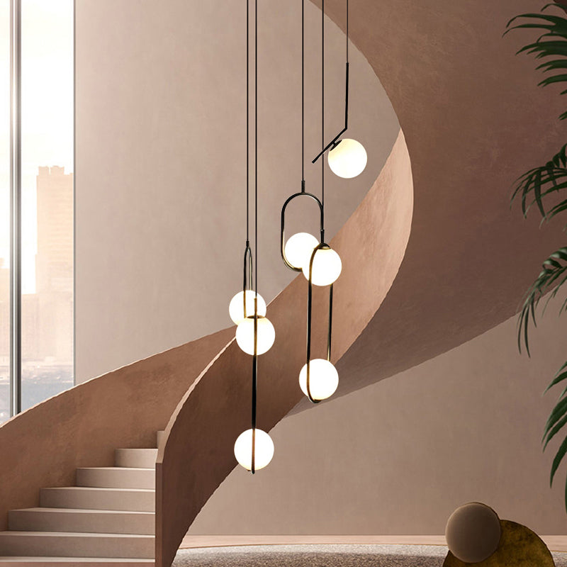 Glazen Bolkroonluchter – Zwart Metalen Hanglamp met Meerdere Glazen Bollen voor Trappenhuis, Eetkamer, Woonkamer