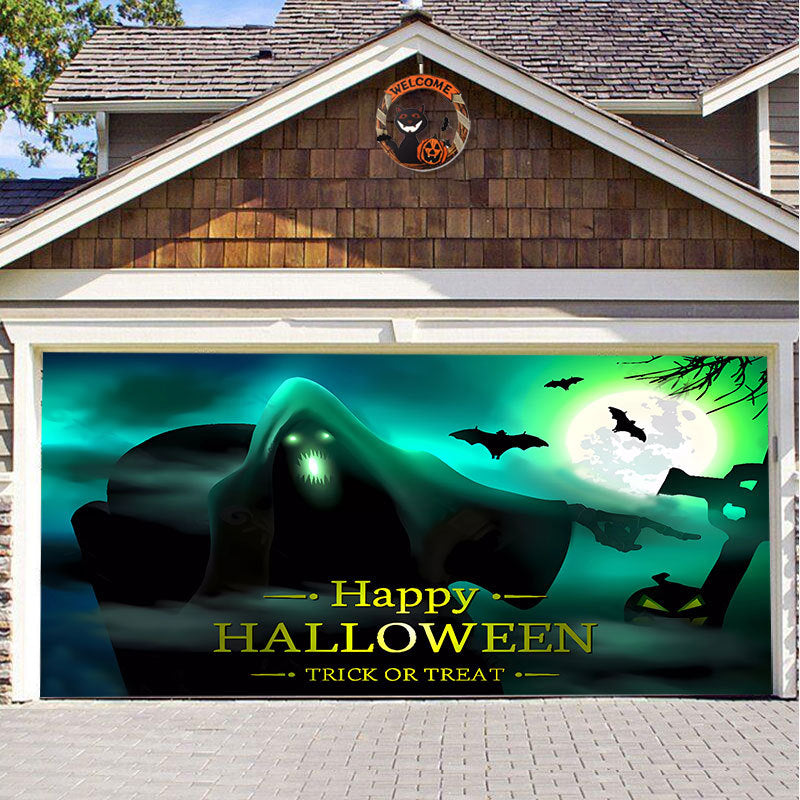 Halloween Garagedeur Decoratie Spookachtige Bedrukking Schaduwdoek Herbruikbaar Horror Sfeer Doek Waterdicht Buiten Feestversiering