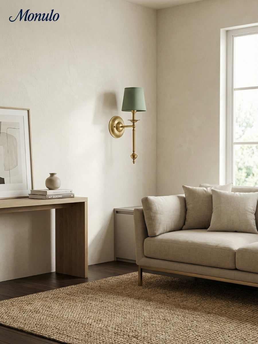 Stoffen Wandlamp met Vintage Koperen Afwerking – Sfeervolle Verlichting voor Hal, Slaapkamer en Woonkamer