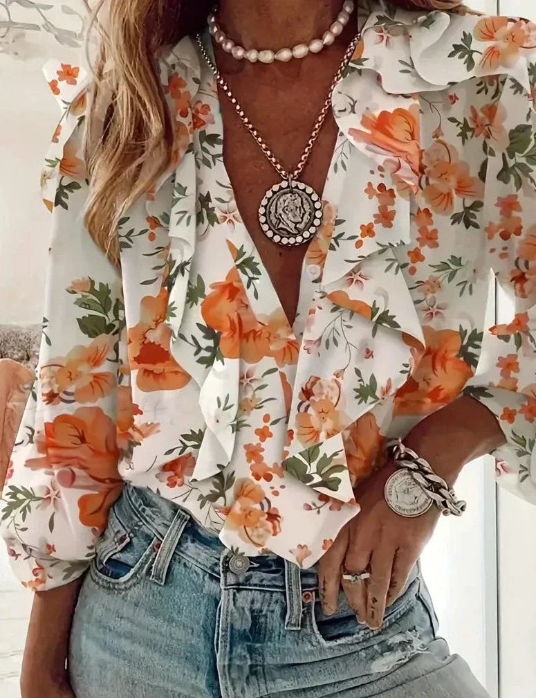 Bloes voor Vrouw met Bloemenprint en Ruches - StudioMarella